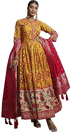 Elina fashion Indian Traditional Flare Gown With Dupatta |Readymade Cotton Silk Foil Print Kurta Anarkali Gown For Women