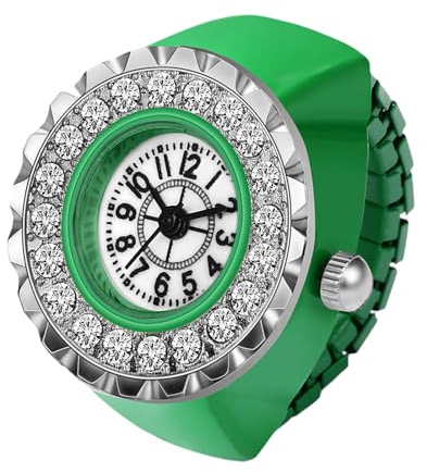 Silverora Fingeruhr Ringuhr Damen Elastische: Strass Volldiamant Analog Quarz Uhrenring Verstellbar Ring Uhren mit Arabische Ziffern Genschenke für Frauen Mädchen Grün