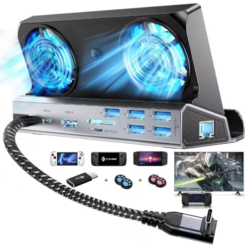 YCE Estación de acoplamiento Steam Deck 13 en 1, ventiladores de refrigeración duales, HDMI 2.0, 5 puertos USB, 1000 Mbps, lector SD/TF, tipo C 100 W PD, adaptador 40 Gbps