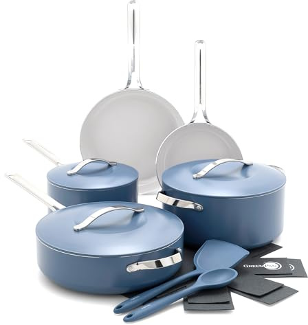 GreenPan Nova 10-Piece Cookware Pots and Pans Set, Oprah’s Favorite Things 2024, PFAS-Free Ceramic Nonstick, Fry, Sauté, Stockpot, Utensils, Lids, Induction Suitable, Dishwasher, Oven Safe, Ocean