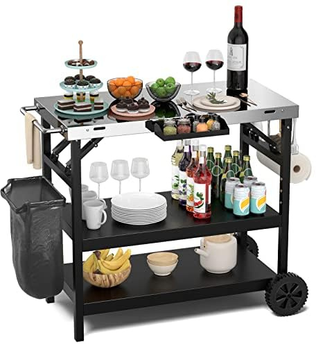 Mesa de barbacoa con 3 estantes, carro de barbacoa con estante ajustable, soporte para teléfono, estante para especias, toallero, soporte para pañuelos y ganchos, mesa auxiliar para exteriores