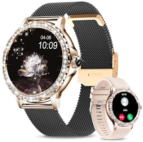 Smartwatch-Kvinnor - 1,3 Skärm Smartklocka, Ringa/Svara Samtal, 7/24 Timmars Pulsmätare, Blodsyre, Stegräknare, Sömnmätare, Vattentät Enligt IP68, Smartklocka för Android iOS, Svart