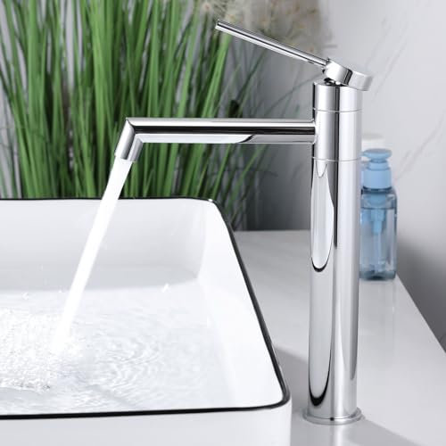 SHANFO Rubinetto Bagno Lavabo Alto, Miscelatore Lavabo Bagno Girevole a 360°, Monocomando Rubinetto Lavandino Bagno, Rubinetto per Lavabo, Cromato, 7M1OK-T