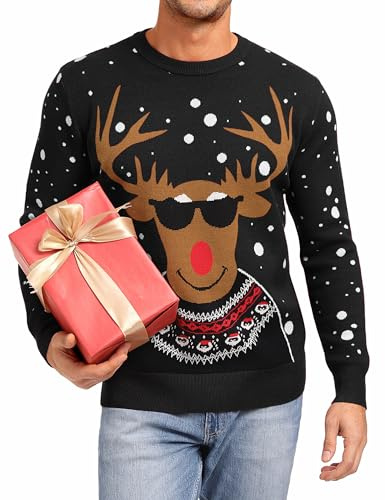 Jahetuul Pull de Noël Homme à Col Rond Manches Longues Chandail Doux Renne Hiver Confortable Et Durable