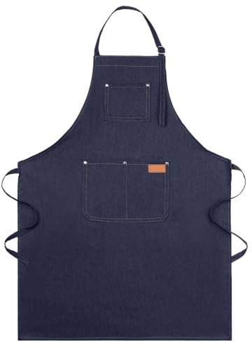 Hariendny Grembiule in jeans in tela, da uomo, con tasca, impermeabile, resistente all'olio, regolabile per cucina, barber, giardiniere, pittore, caffè (blu), m.
