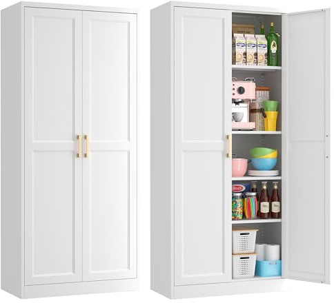 Kubohogar 71 Tall Metal Pantry Cabinet, White Kitchen Pantry Storage Cabinet with 4 Adjustable Shelves and Gold Handles, Cupboard for Kitchen, Dining Room, Living Room, Bathroom