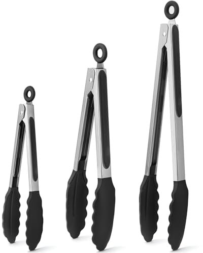 WISYOK Grillzange 3er-set, Küchenzange Hitzebeständige, Zange Küche, Kochzange mit Edelstahl und Silikonspitze, Silikonzangen, Fleischzange zum Kochen, Grillen, 18cm, 23cm und 30cm (Schwarz)