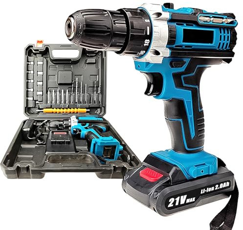 Taladro atornillador inalámbrico de 21 V, atornillador desatornillador con 2 baterías, 32 Nm percusión, 18+3 ajustes de par taladro, 2 velocidades, 24 accesorios, LED Light, para bricolaje (21 V)