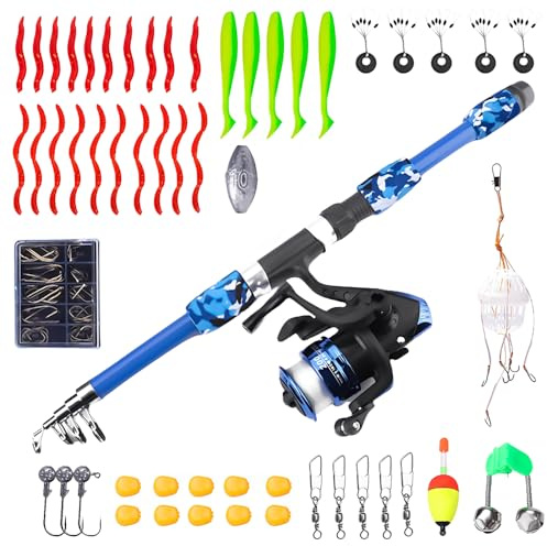 HOVCEH Caña de Pescar para Niños, 1,8 m Set de Pesca para Niños, Caña de Pescar Telescópica para Viajes, Juego de Pesca para Niños con Carrete de Pesca y Cebo Conjunto, 3-10 Años
