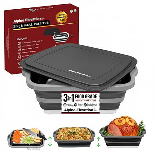 Collapsible Large (8L) BBQ Marinating Tub w/ Cutting Board | Multipurpose Food-Grade TPE Prep Tub w/ Lid | Built-In Colander & Drain Plug - For Camping | Tailgate | Picnic - Slate Black