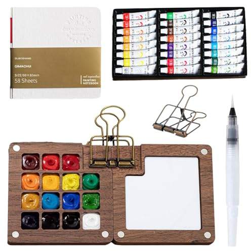 Set da viaggio ad acquerello, 24 colori, tavolozza ad acquerello, mini scatola per acquerelli, set da viaggio, set di album da schizzi, album in legno, acquerello, per pittori, artisti, studenti (15