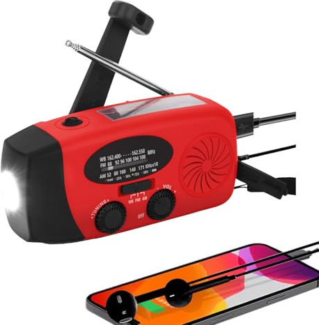 Radio Solar portátil con WB/Am/FM, generador de manivela, batería Recargable de 2000 mAh, Cargador de teléfono móvil USB, Linterna LED, para emergencias, Camping (Rojo)