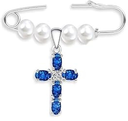 Broche mariage bleu pour femme – Broche croix élégante avec perles blanches, cadeau de mariage pour la mariée, attacher sur robe, bouquet ou jarretière, Accessoires de pour la mariée chrétienne
