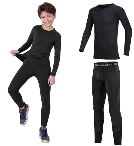 Fiohiros Boys Kids Base Layer,Pro Fleece-Lined Kid Thermal Long Sleeve Top Leggings Set,Athletic Thermal Underwear Football Compression Set for Sport Ski (Black Line 2-Piece Set, 6-7 Years; Size 24)