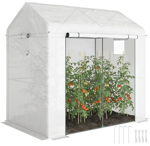 Invernadero Outsunny Walk-in, invernadero exterior para tomates, para jardín, con puerta enrollable y ventanas de malla, cubierta de PE, 200 x 140 x 200 cm, blanco