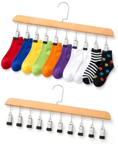 2 Piezas Percha de Madera con Pinzas, Sock Hanger y Organizador Gorras Organizzatore per Armadio Girevole con 20 Pinzas para Calcetines, Corbatas y Pañuelos