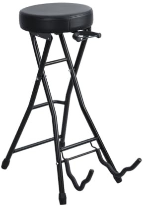 Tabouret de guitare avec support intégré, chaise performance pliable siège rembourré, crochet rétractable et repose-pieds, hauteur portable 74 cm, adapté aux guitares acoustiques, Noir