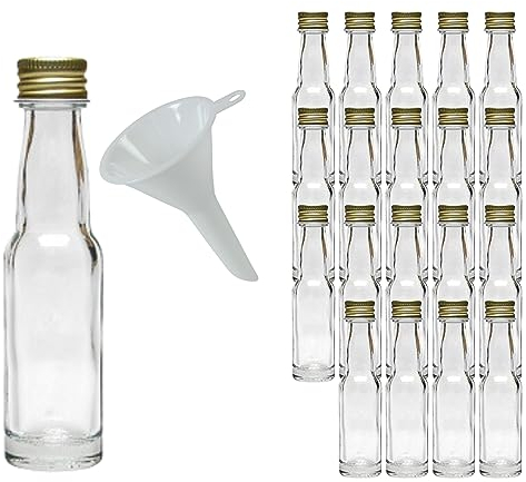 mikken - 20 mini bouteilles en verre de 20 ml avec bouchon à vis et entonnoir.