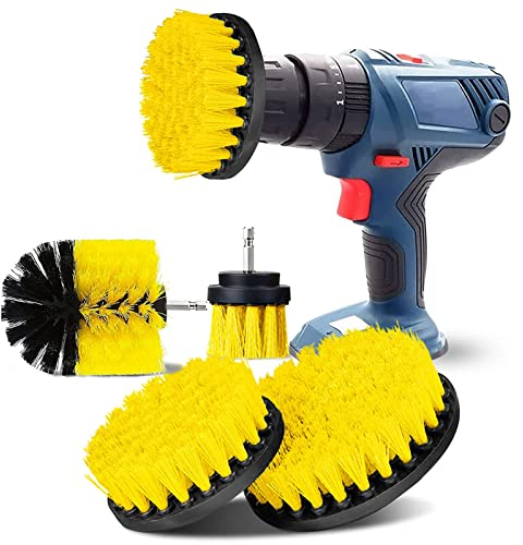 YIHATA 4 Stück Bürstenaufsatz Bohrmaschine Set,Bürstenaufsatz Akkuschrauber,Leistungsstarke Bohrbürste Reinigungsbürste,Reinigung Bürste Kit für Felgen,Badewanne,Fliesen,Küche,Böden,Auto Gelb