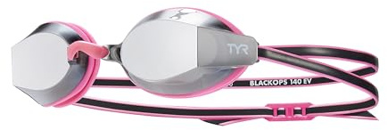 TYR Youth Black Ops 140 EV Mirrored Racing Goggles - Low Profile, Competition Ready Swim Goggles with Wide Vision, Anti-Fog, UV Protection Lenses, Silver/Pink/Black