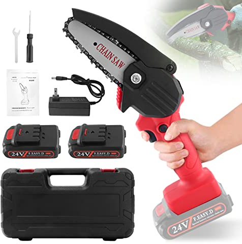 Ozonlife Mini motosierra de batería de 4 pulgadas, motosierra eléctrica inalámbrica, 24 V, ligereza con una mano, sierra de cadena portátil para corte de madera, podar jardín (cargador + 2 baterías)