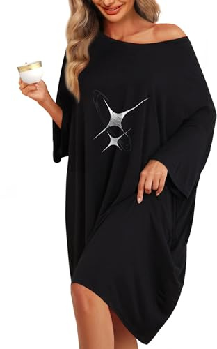KFUBUO Camicie da Notte Taglie Forti per Le Donne Magliette da Notte Oversize Abito Maniche Corte Indumenti da Notte con Tasca vestibilità S-5XL, Stella Nera, Oversized