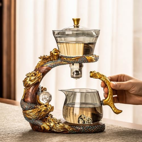 YoeEoay Teeservice Glas Teekanne Mit Magnet, Drachen Design Lazy Kungfu Glasteeservice Halbautomatisches Teeset, Geeignet Für Teeliebhaber, Jungen Und Mädchen Chinesisches Teeservice Set (Gold)