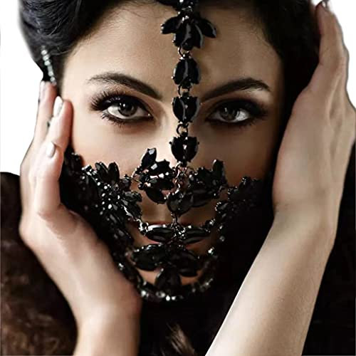 Bandeau réglable de luxe en rhinétone pour boîte de nuit, bijoux de visage pour chaîne de voile en cristal, Noir