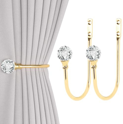 Groleca 2 x Heavy Duty U Shaped Metal Curtain Holdbacks Curtain Tiebacks with Clear Crystal Ball Pull Backs Curtain Holders for Drapes (Gold)