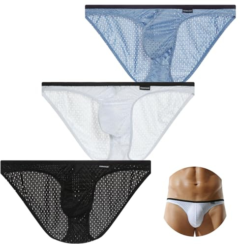AIEOE Biancheria intima a rete da uomo confezione da 3 traspirante trasparente mini slip vita bassa sexy sottile lingerie maschile, M