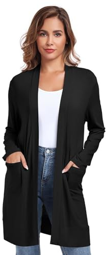 TownCat Cardigan Long Et Léger pour Femme Léger à Manches Longues Ouvert Casual Respirant La Mode Élégant en avec Poches Outwear Conforts Les Cent Noir M