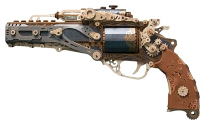 BuildCubes 3D-träpussel för vuxna, trärevolver, modell, byggsats, kompatibel med träbollar, 318 st träpussel, 3D-pussel, steampunk, 3D-revolver, pussel trä,