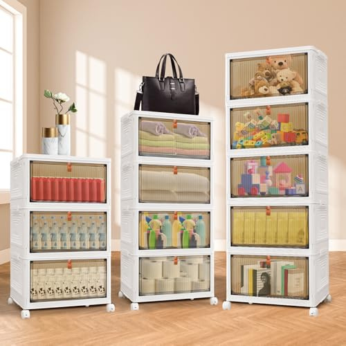 BRIEFNESS 4 Tier Stackable Storage Boxes with Lids & Wheels – Plastic Organizer for Clothes, Bathroom, Bedroom, Living Room, Study & Office – Space-Saving Multi-Purpose Storage Solution