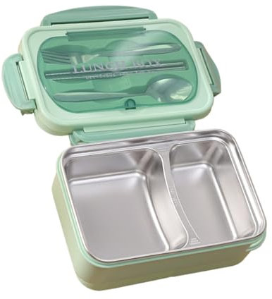Tudaheuiy Porta Pranzo con 2 Scomparti e Cucchiaio Forchetta, Lunch Box in Acciaio Inox, Porta Pranzo Termico, Bento Box Ermetico Adatto a Microonde per Scuola, Ufficio, Viaggi e Picnic(Verde)