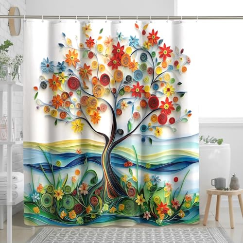 Paper Quilling Tree Shower Curtain Set 72 Inch with Hooks, Fun Spring Colorful Nature Bathroom Decor, 3D Scenic Printed Pattern Bath Accessories