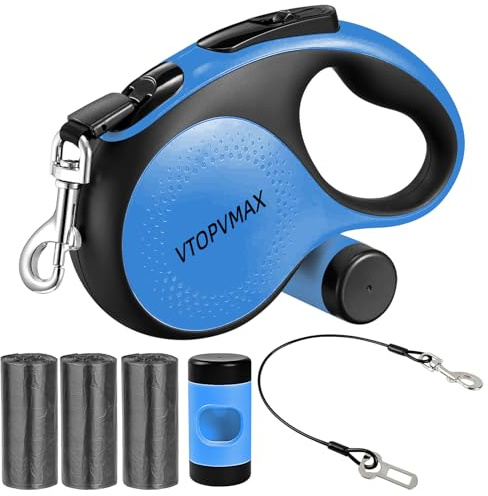VTOPVMAX Rollleine 8m - Ausziehbar Hundeleine Für Mittelgroße/Große Hunde Bis 50kg | Robuste Ausziehleine Mit Kausicherem Kabel, Kotbeutelspender & Einhandbremse (Blau)