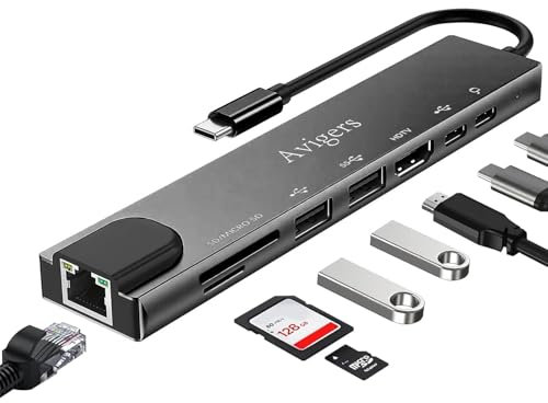 Avigers USB C Hub (8-in-1), USB C Multiport Adapter with 100W PD, 4K HDMI, SD&TF Card Reader, USB 3.0, Ethernet LAN Adapter for MacBook Air/Pro, Huawei, Dell and More (Black)