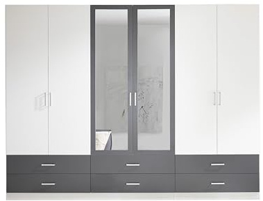 AVANTI TRENDSTORE Lambrugo - Armadio a 6 ante battenti, di cui 2 con specchio e 6 cassetti, in legno laminato di colore bianco/grafite. Misure ca. LAP 272x211x55 cm.