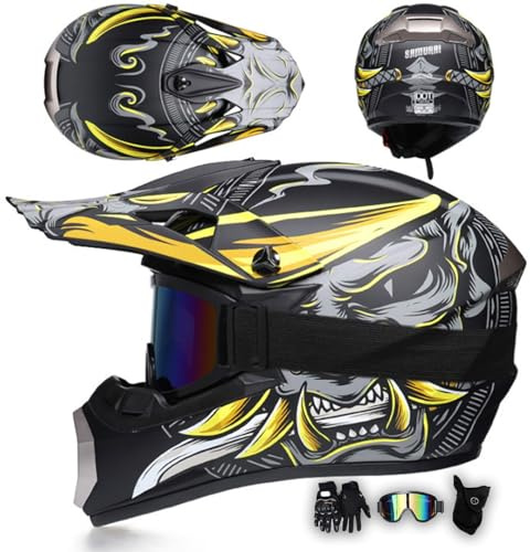 MODRYER Casco da Motocross Uomo Donna ATV Casco Cross Casco Moto Integrale con Visiera Caschi Full Face per Downhill Offroad MX Enduro Quad BMX Dirt Bike Scooter,Yellow-M/54~55cm