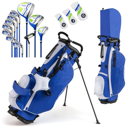 GYMAX Golf Clubs for Men Women, 12PCS Right Handed Complete Golf Set - 3 Woods (#1#3#5), 5 Irons (#5#6#7#8#9), Sand/Pitching Wedge, Putter, 3 Head Covers, Rain Hood & Stand Bag (Blue)