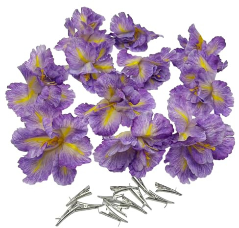 Urier 10 Pieces Iris Flowers Artificial Heads,Silk Flowers for Crafts with Clips,Tropical Faux Flower Cake Decorations Wreath Making Supplies for Wedding Party Birthday Gift Décor (10, Purple)