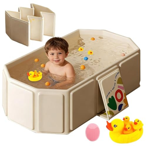 Bañera Bebe Plegable, Bañera Twistshake con 1 Cepillo de Baño, 4 Patos, Lavabo de ducha portátil, Bañera de Ducha Portátil Integrada para Bebés para Niños de 0 a 8 Años (White)