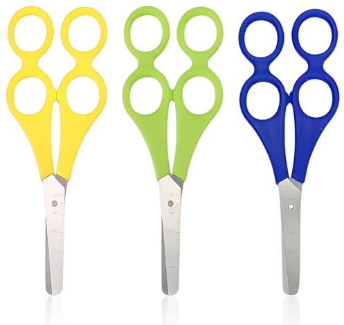 VRYNDH Set di 3 Forbici per Bambini, Blu+Verde+Giallo, Forbici da Apprendimento a Doppia Impugnatura, per Scuola e Fai da Te