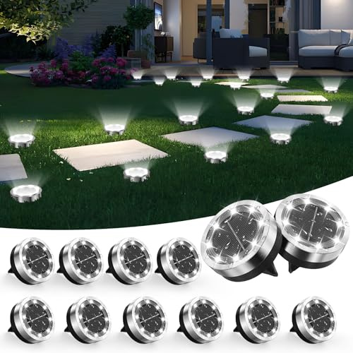 Dankeled 12 Stück Solar Bodenleuchten Aussen - 8 LED Weiß Solarlampen für Außen Garten, IP65 Wasserdicht Solarleuchten Gartenbeleuchtung für Auffahrt Weg Rasen Gehweg Patio (Edelstahl+Kunststoff)