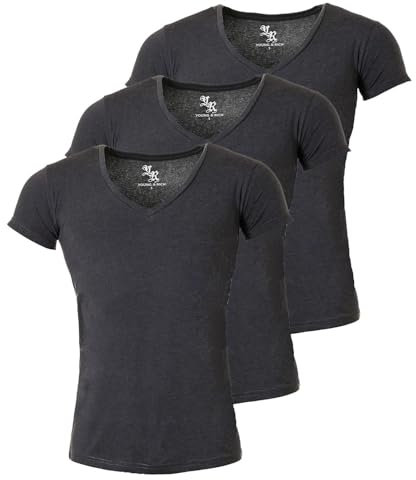 Young & Rich Herren Uni T-Shirt mit extra tiefem V-Ausschnitt Slimfit Stretch Dehnbare Passform einfarbiges Basic Shirt - 3er Pack, Grösse:3XL, Farbe:Dunkelgrau