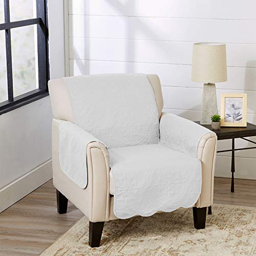 Great Bay Home Reversible Chair Cover - Washable Slipcover Furniture Protector with Elastic Straps - Perfect for Kids & Pets - Quilted & Stitched Detail (White/Sand)