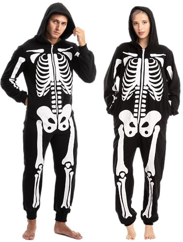 Spooktacular Creations Halloween Skelett Unisex Jumpsuit Pyjama für Erwachsene, Halloween Tier Plüsch Einteile Jumpsuit Schlafanzug Kostuem Cosplay