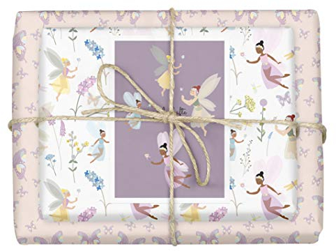dabelino® Geschenkpapier Feen/Elfen + Schmetterlinge für Kinder/Mädchen, Set: 4x Bögen + 1x Karte (Öko, Recycling-Papier, Geburtstag, rosa, lila, pastell, Diversität)