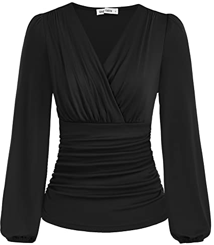 Damen Langarm V-Ausschnitt Einfarbig Top Slim Fit Plissee-Tops Tunika Blusen CL1341A22-02_00L