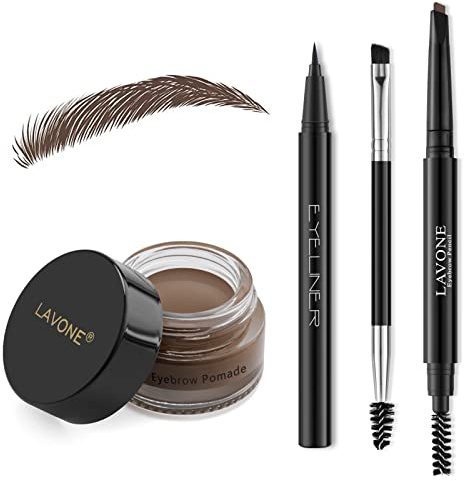 LAVONE Makeup Kit With Eyebrow Stamp Pencil, Waterproof Brow Pencil & Pomade, Eyeliner, Dual-ended Eyebrow Brush, Dark Brown